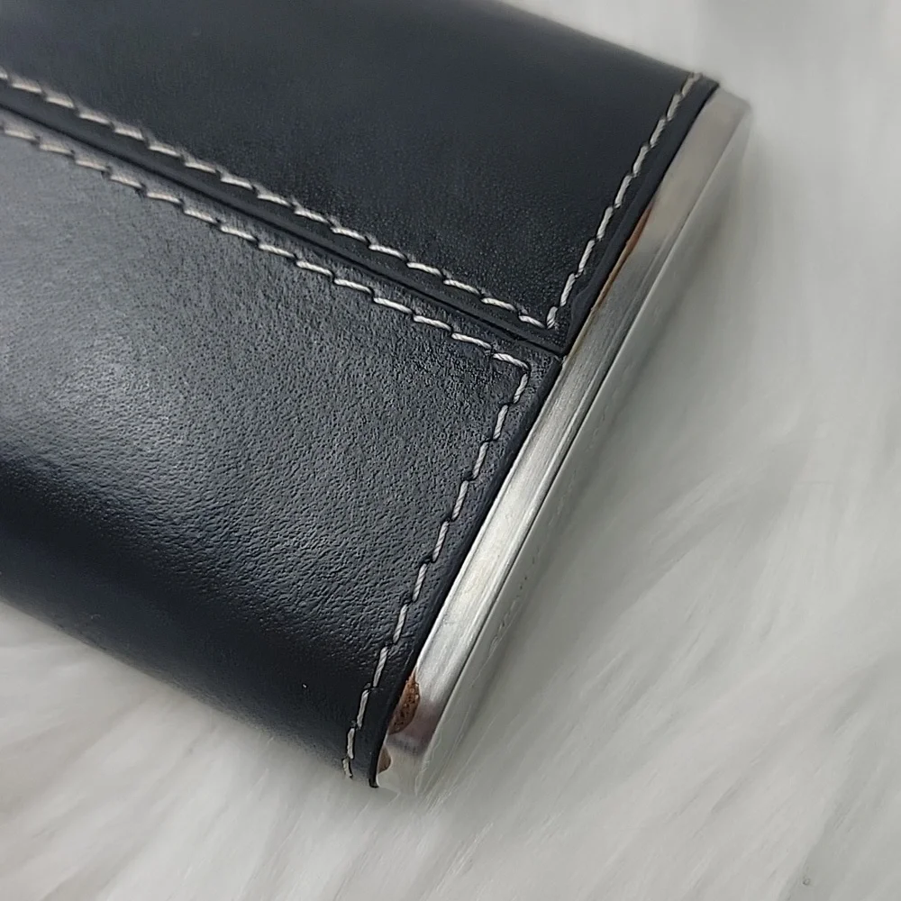 Black Faux Leather Contrast White Stitching Stainless Steel 3.5 oz. Pocket Flask